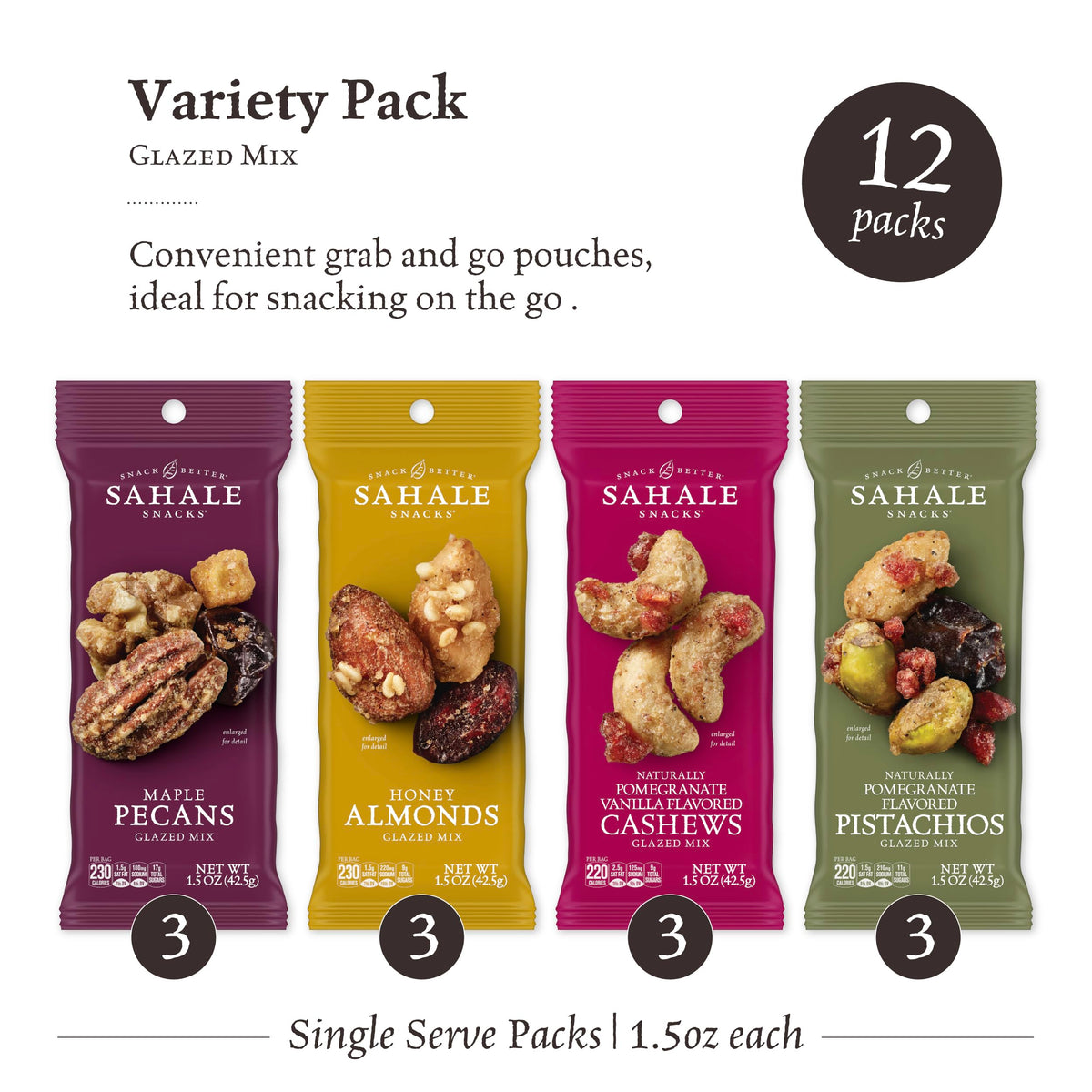 Sahale Snacks Glazed Mix Nut Blend Variety Pack — 12 Grab & Go 1.5 oz Bags | Non-GMO, Kosher & Gluten-Free