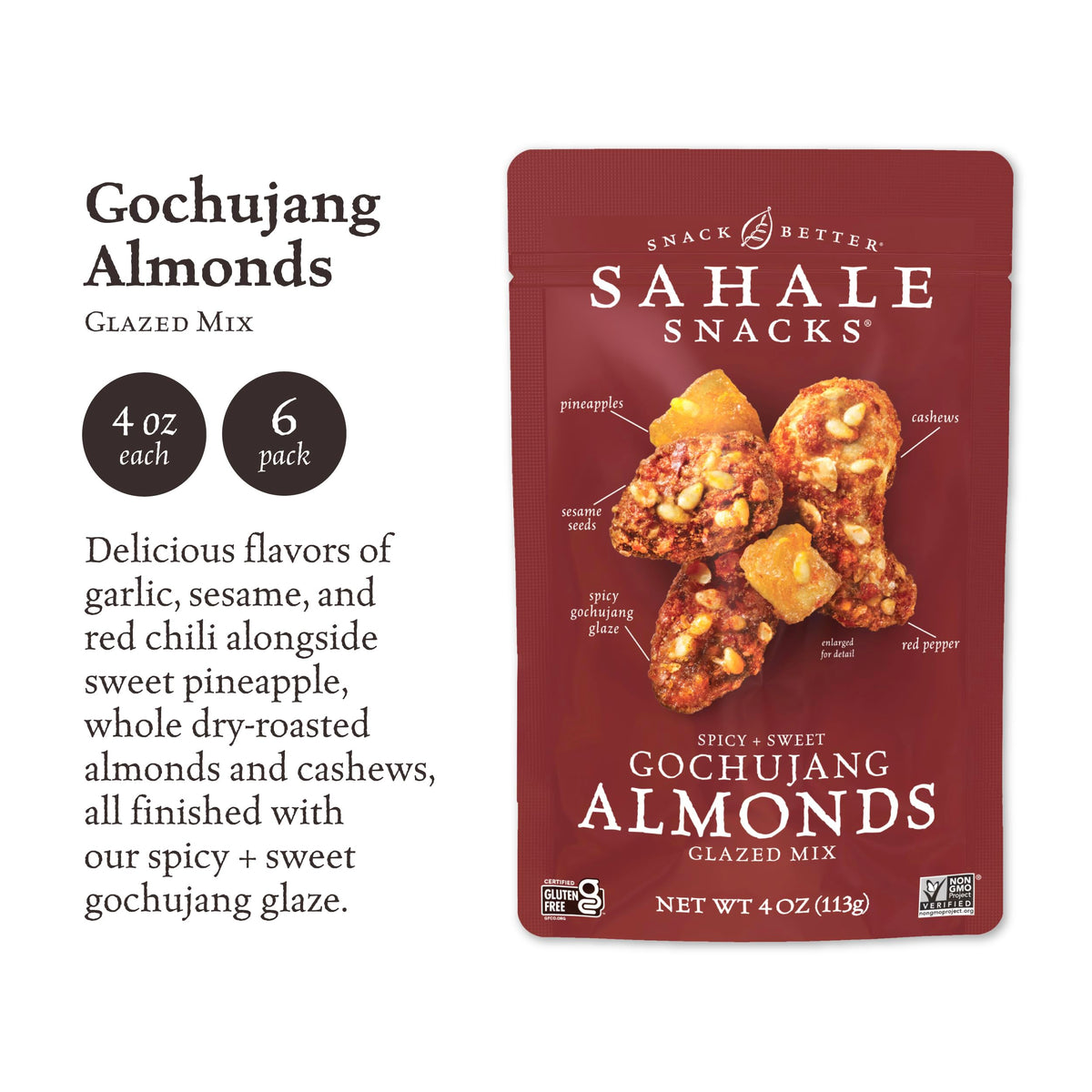 Sahale Snacks Gochujang Almonds Glazed Mix – Gluten Free & Kosher, 4 oz x 6