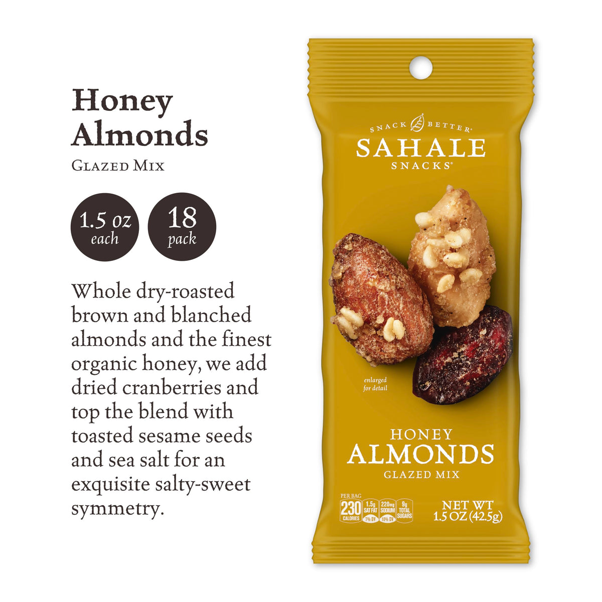 Sahale Snacks Honey Almonds Glazed Mix – 1.5 oz Grab & Go Bags, 18 Pack (Non-GMO, Kosher, Gluten-Free)