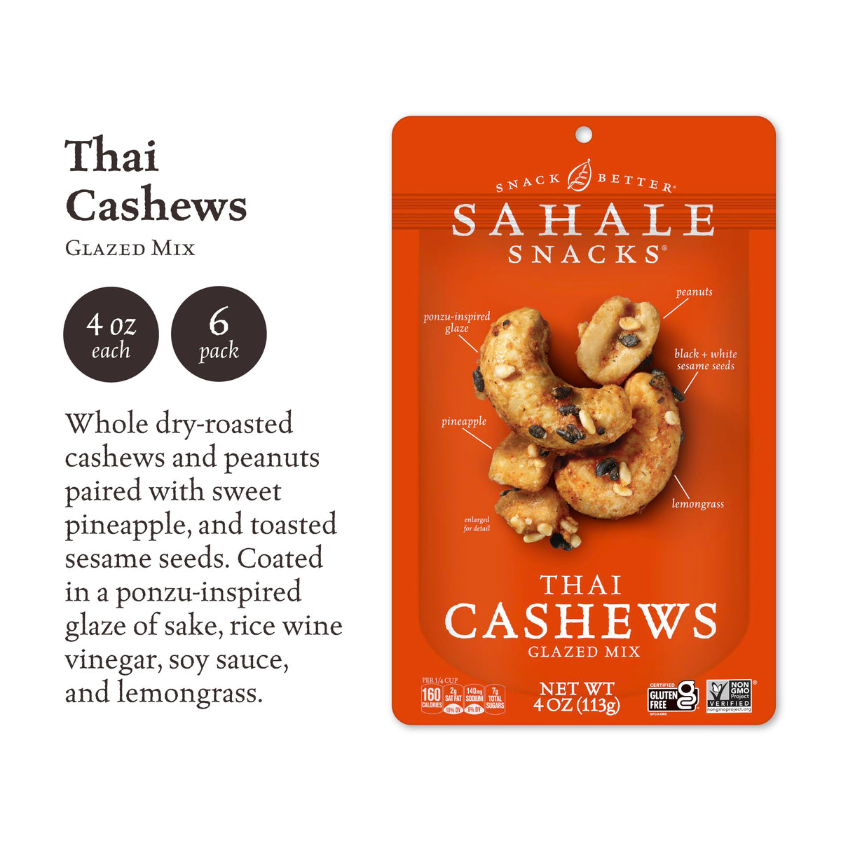 Sahale Snacks Thai Cashews Glazed Mix – 6 x 4 oz Pack | Thai-Inspired Sweet & Savory Nuts
