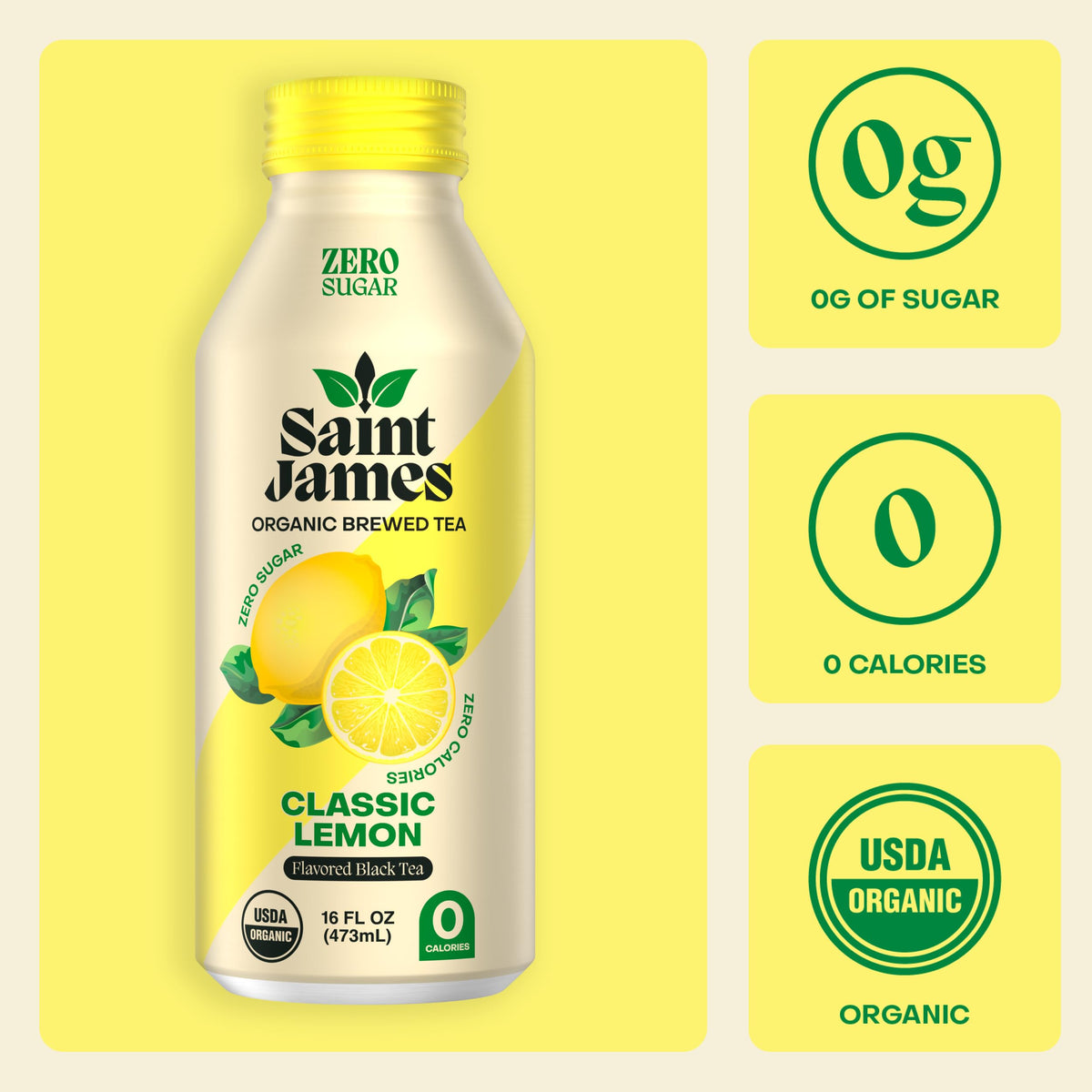 Saint James Iced Tea - Organic Black Tea, Zero Calorie, Zero Sugar, Classic Lemon – 12 Pack (16 fl oz each)