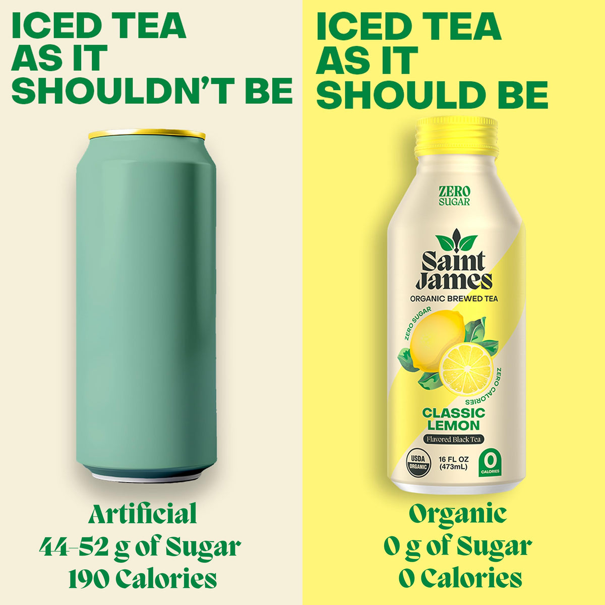 Saint James Iced Tea - Organic Black Tea, Zero Calorie, Zero Sugar, Classic Lemon – 12 Pack (16 fl oz each)