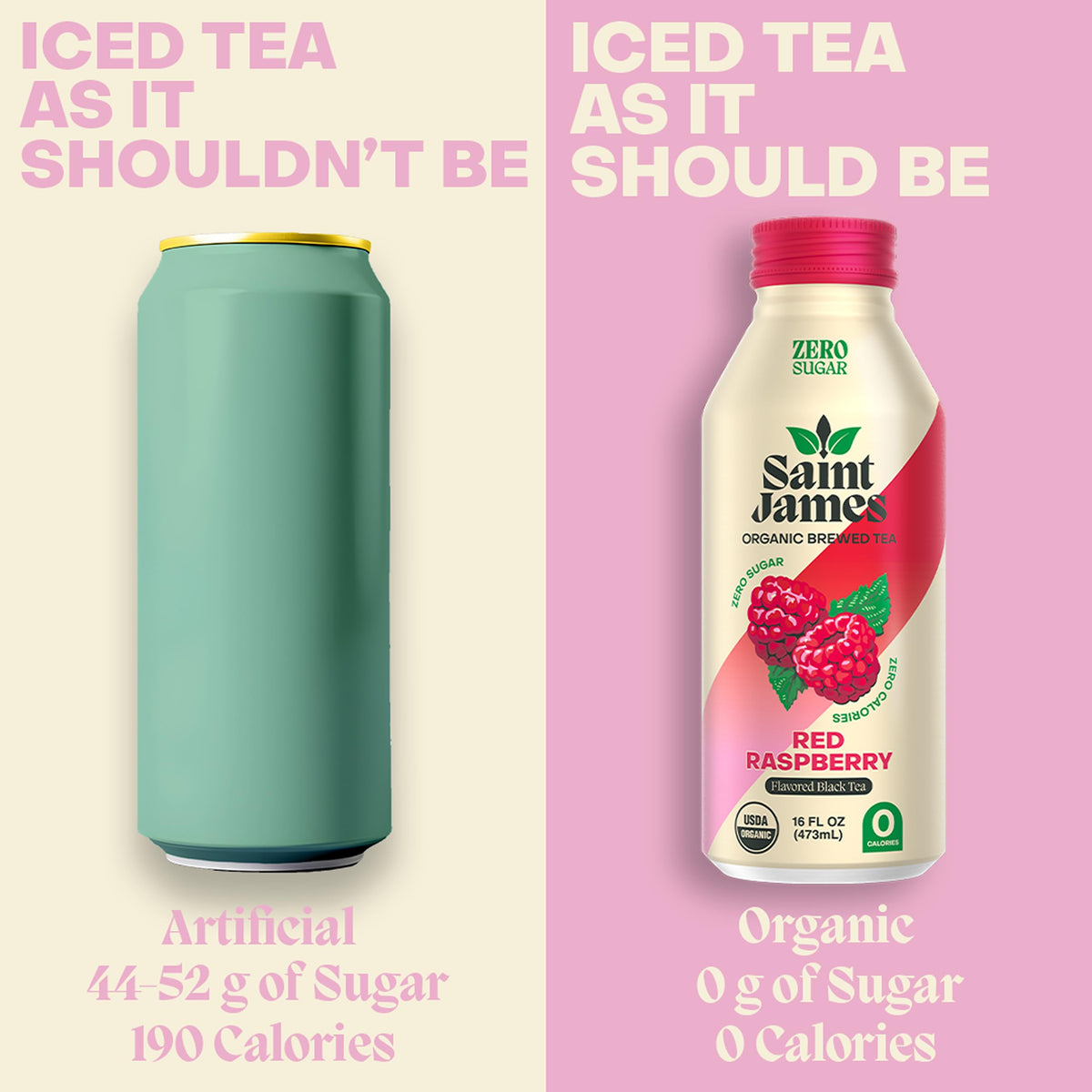 Saint James Iced Tea - Organic Black Tea, Zero Calorie & Zero Sugar - Red Raspberry, 12 Pack (16 fl oz)