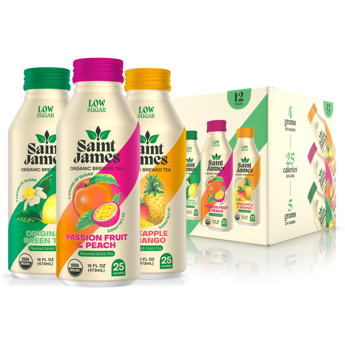 Saint James Iced Tea – Organic Green Tea Variety Pack (12 x 16.9 oz), Low Sugar