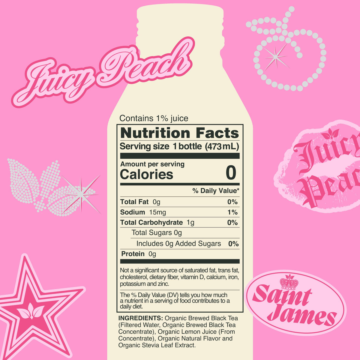 Saint James x Juicy Couture Juicy Peach Iced Tea - Organic Black Tea, Zero Calorie, 12x16oz