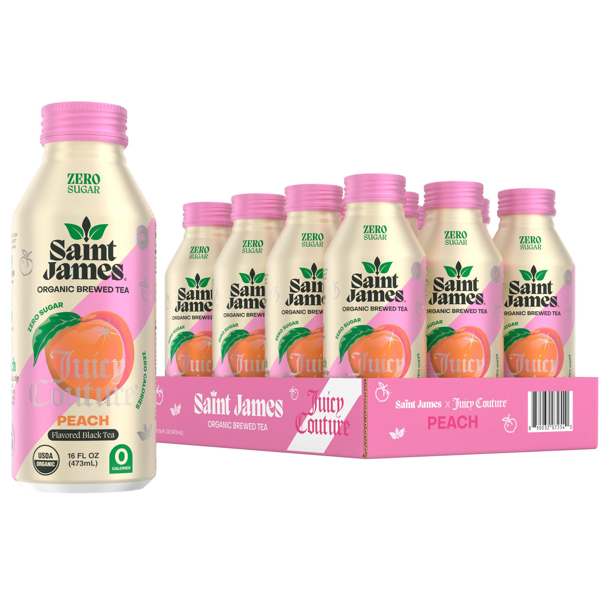 Saint James x Juicy Couture Juicy Peach Iced Tea - Organic Black Tea, Zero Calorie, 12x16oz