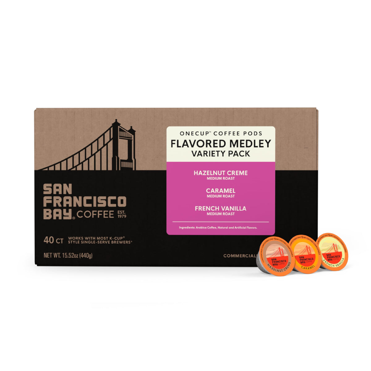San Francisco Bay K-Cup Flavored Variety Pack (40 ct) – Hazelnut Creme, Caramel & French Vanilla, Compostable Pods