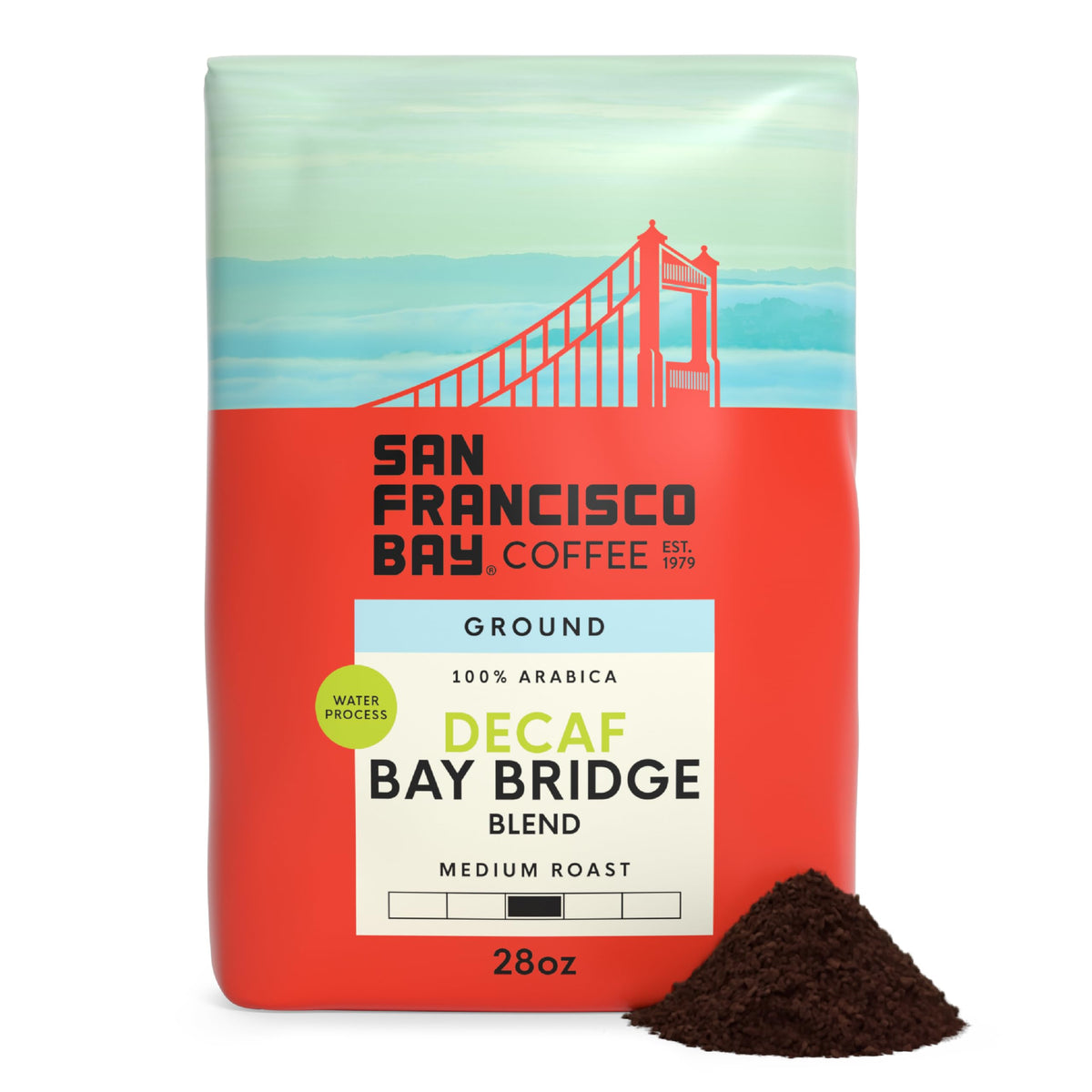San Francisco Bay Decaf Bay Bridge Blend – 28 oz Ground Coffee, Swiss Water Process, Medium Roast