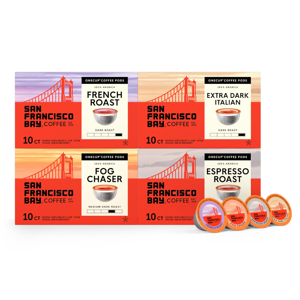 San Francisco Bay Dark Roast K-Cup Pods Variety Pack – 40 ct (Fog Chaser, Espresso Roast, French Roast, Extra Dark Italian) | Compostable