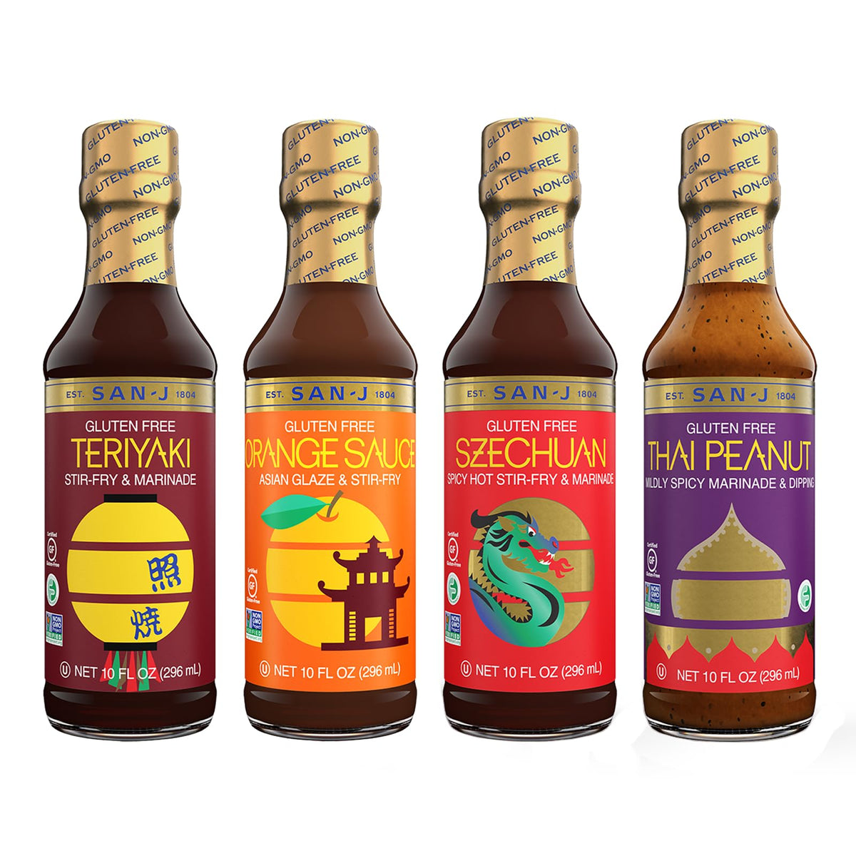 San-J Spice of Life Variety Pack – Gluten Free Teriyaki, Orange, Szechuan, Thai Peanut Sauces (4 x 10 oz)