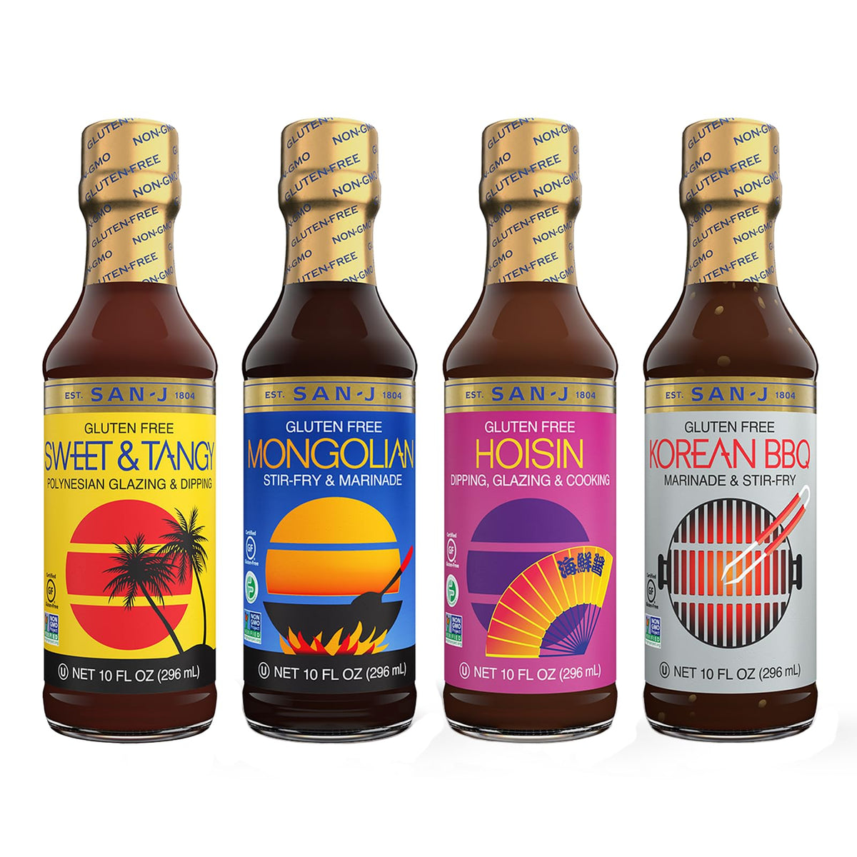 San-J Variety Pack: Sweet Tangy, Mongolian, Hoisin & Korean BBQ – Gluten Free & Non-GMO (4 x 10 oz)