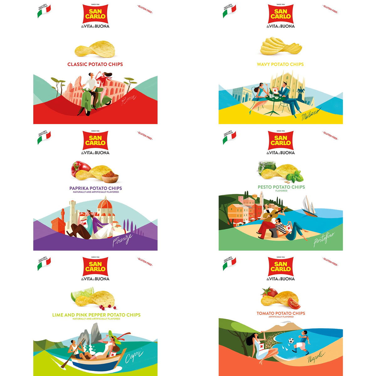 San Carlo Variety Pack 8x50g – Classic, Wavy, Paprika, Pesto, Lime & Pink Pepper, Tomato