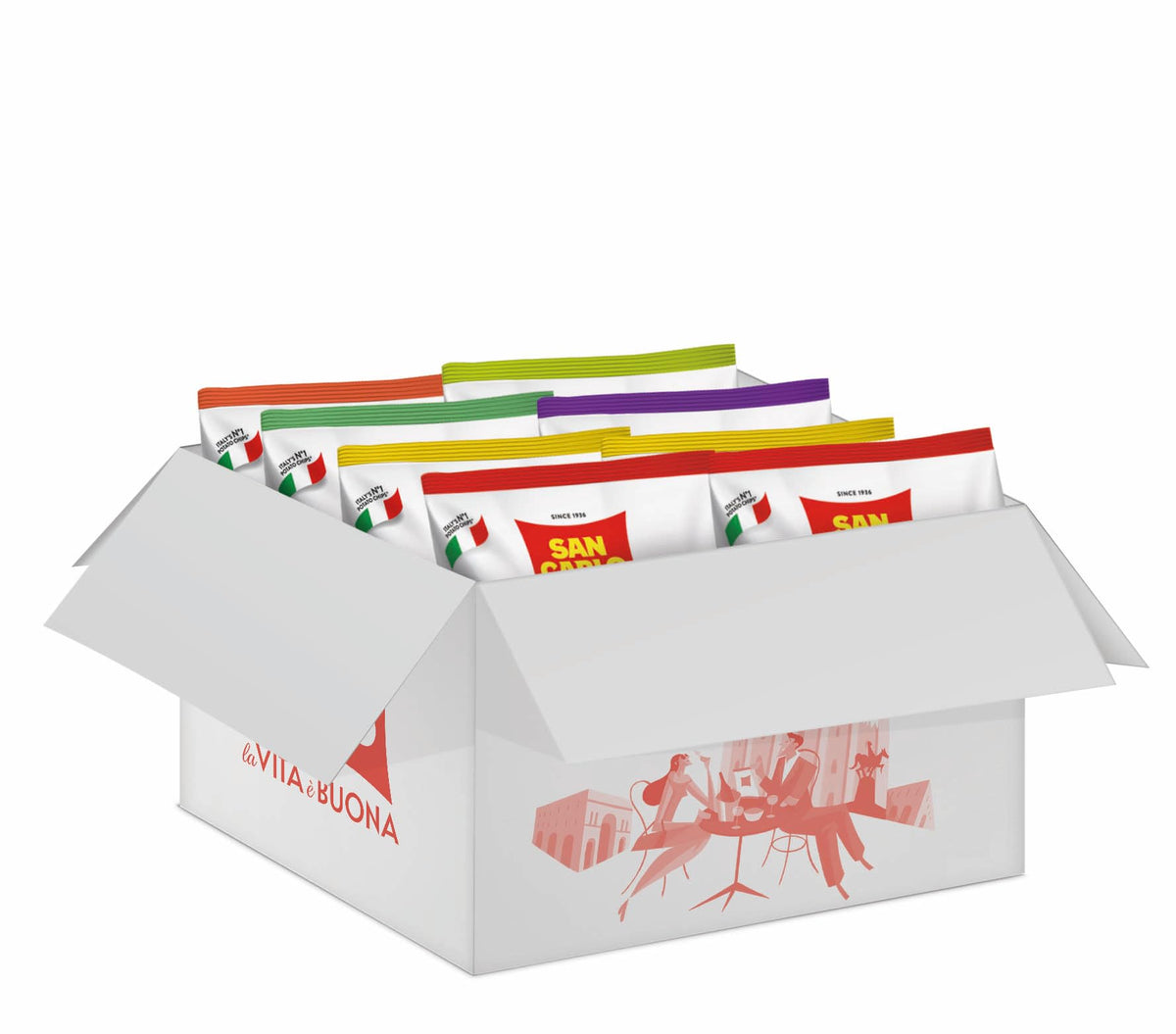San Carlo Variety Pack 8x50g – Classic, Wavy, Paprika, Pesto, Lime & Pink Pepper, Tomato