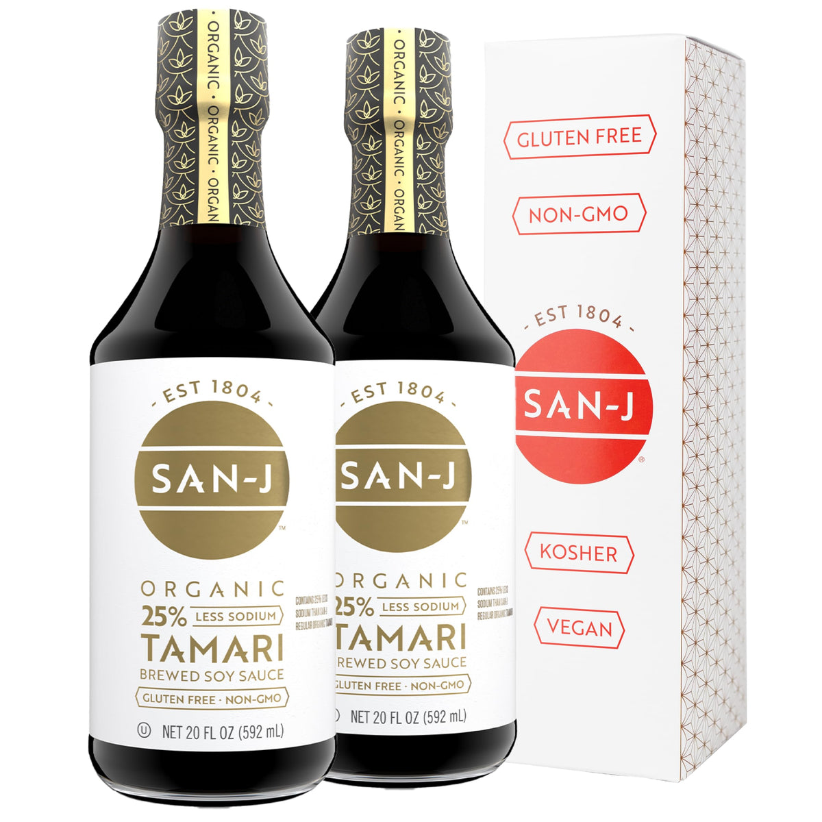 San-J Organic Gluten Free Tamari Soy Sauce with 25% Less Sodium — Specially Brewed, 2 x 20 oz