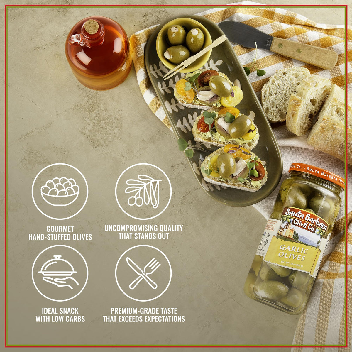 Santa Barbara Gourmet Garlic Stuffed Olives - Meaty Green Olives with Crunchy Garlic | 2-Pack, 10 oz Each