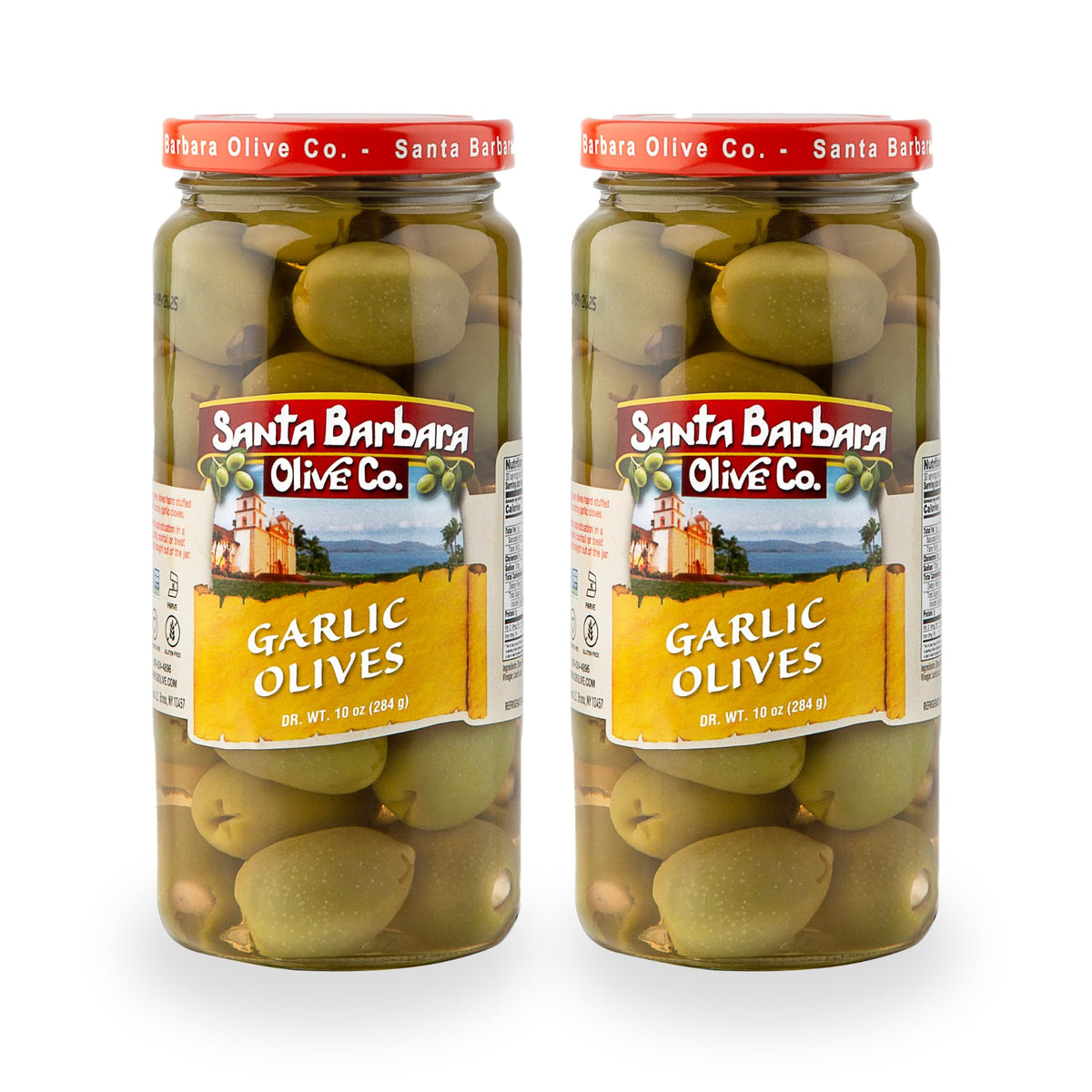 Santa Barbara Gourmet Garlic Stuffed Olives - Meaty Green Olives with Crunchy Garlic | 2-Pack, 10 oz Each