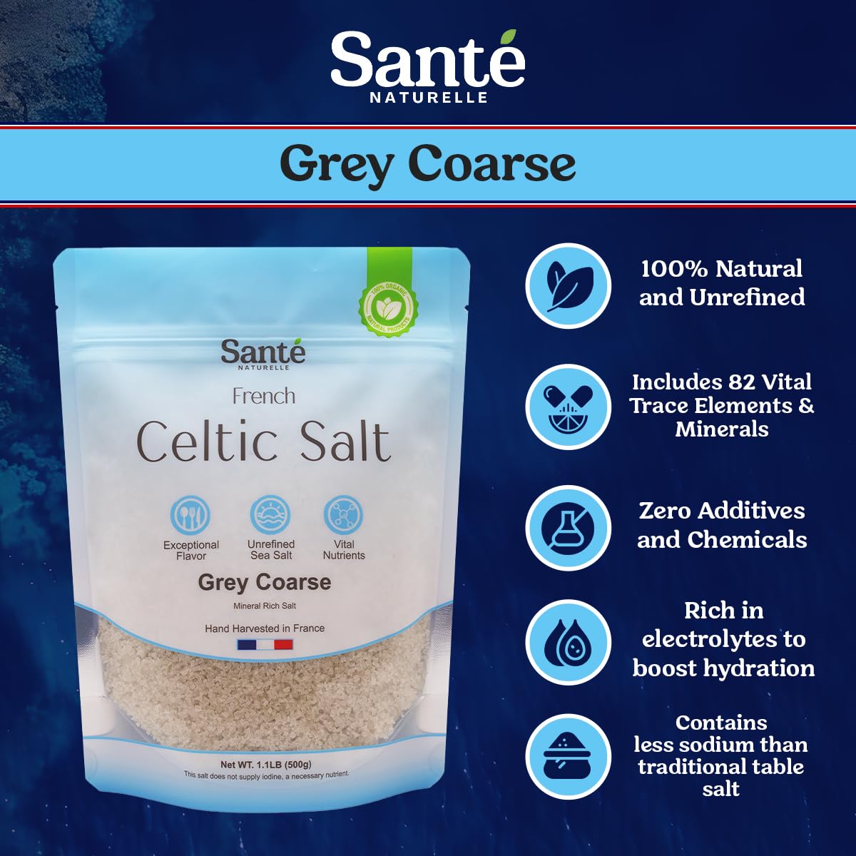 Sante Naturelle Celtic Salt Grey Coarse Sea Salt – 3x1.1lb Hand-Harvested French Sea Salt with 82+ Minerals