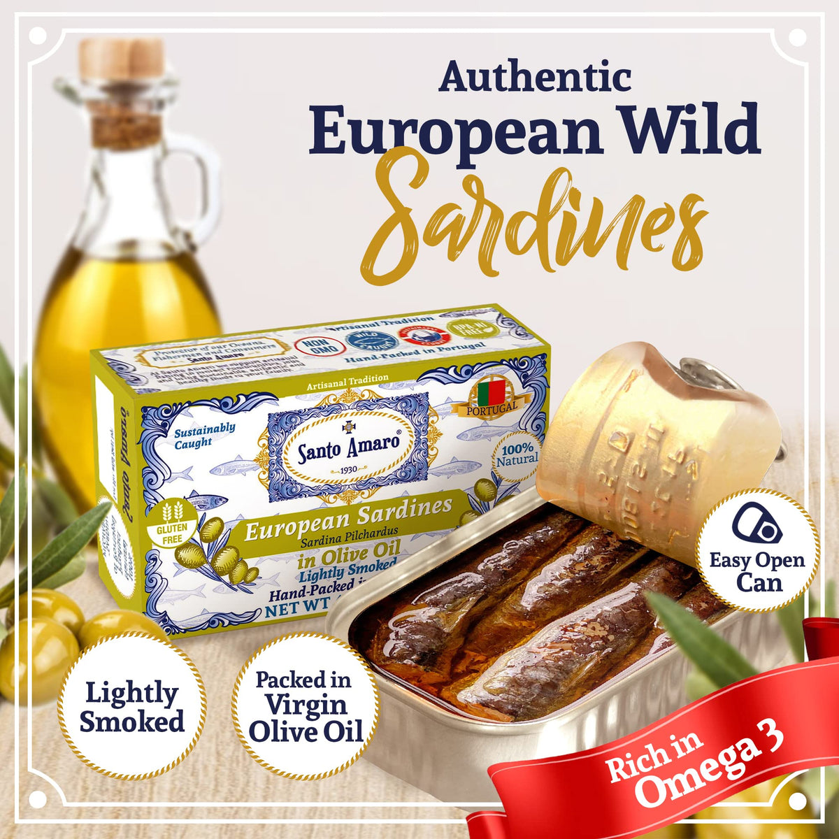 Santo Amaro Sardines in Olive Oil – Wild Caught, Hand-Packed in Portugal | Lightly Smoked, 21g Protein, Keto & Paleo