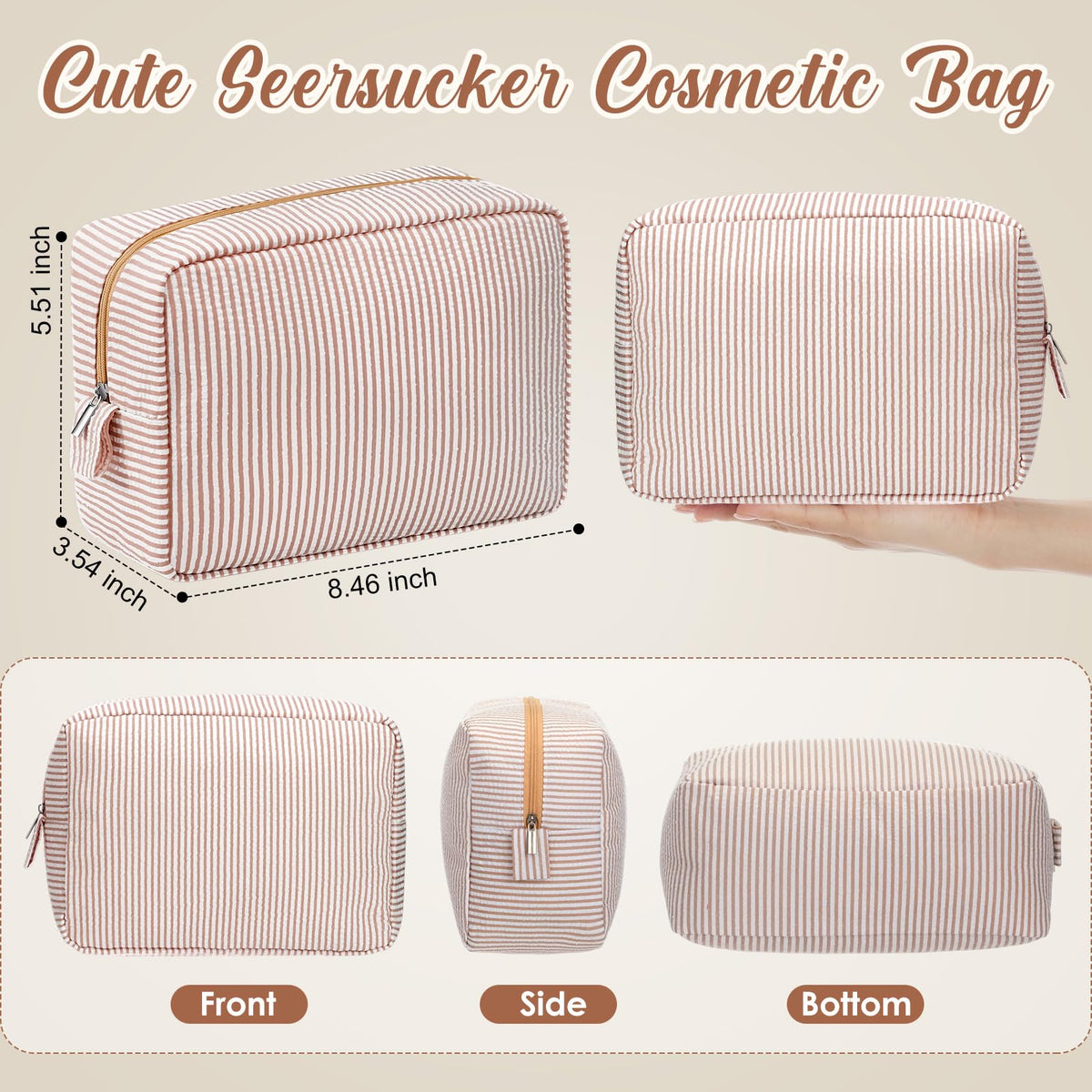 Sanwuta 6 Pack Seersucker Makeup Bags for Women Striped,Large,Classic