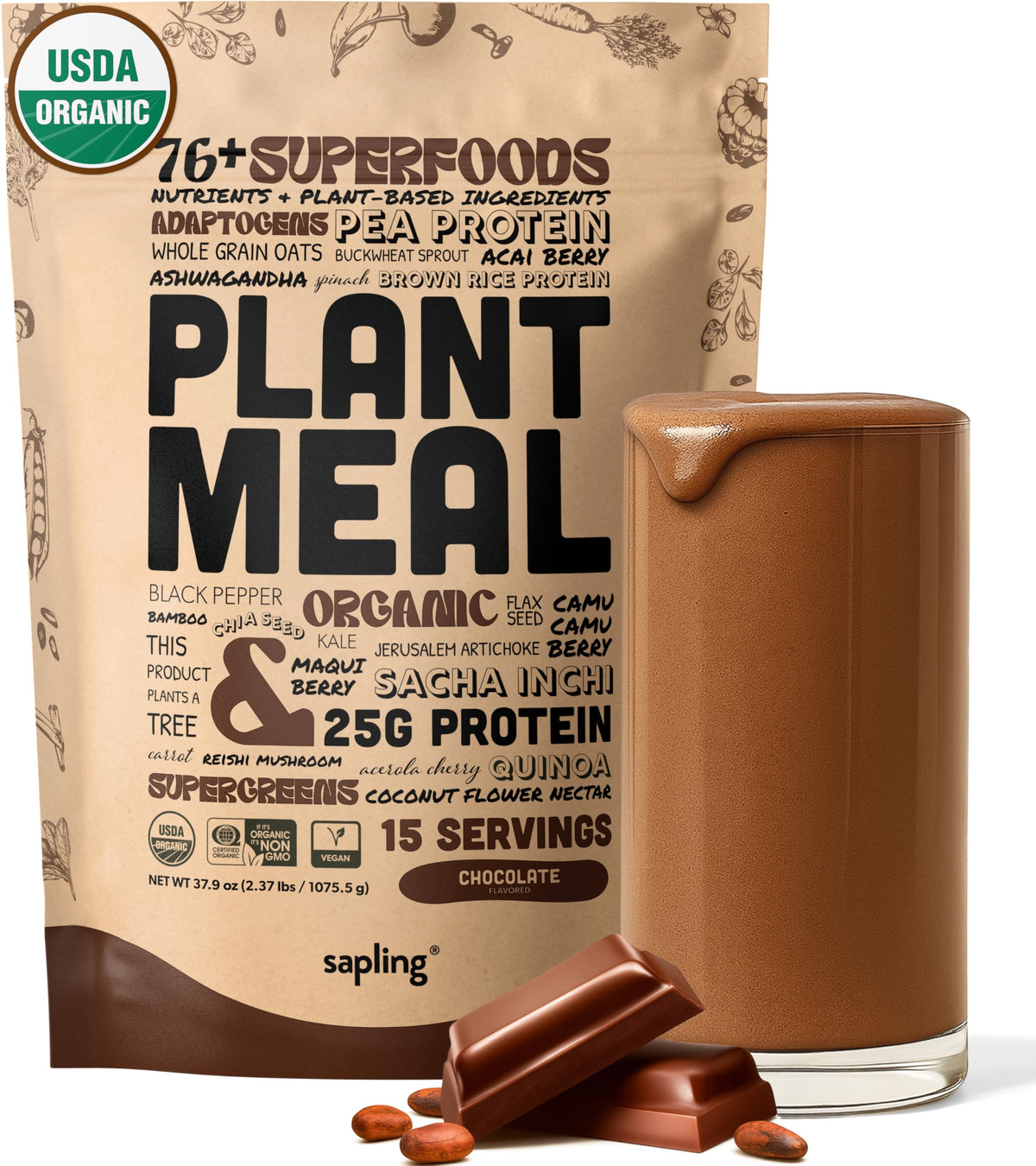 Sapling Plant Meal Replacement Shake - Chocolate | 25g Plant-Based Protein, 76+ Organic Superfoods, 15 Servings