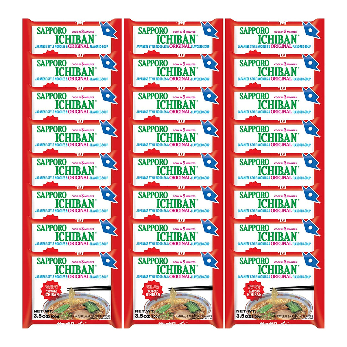 Sapporo Ichiban Stickerless Ramen Noodles – Original Soy Sauce Flavor, 24 Pouches
