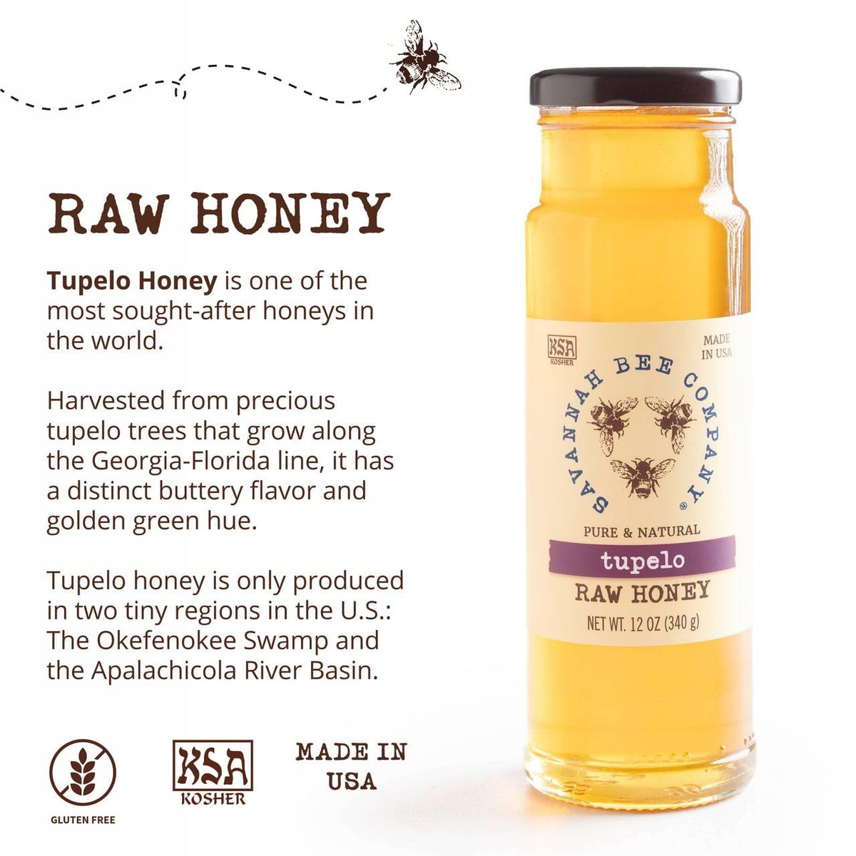 Savannah Bee Company Tupelo Honey — Pure, Raw, Monofloral Tupelo Honey 12 oz