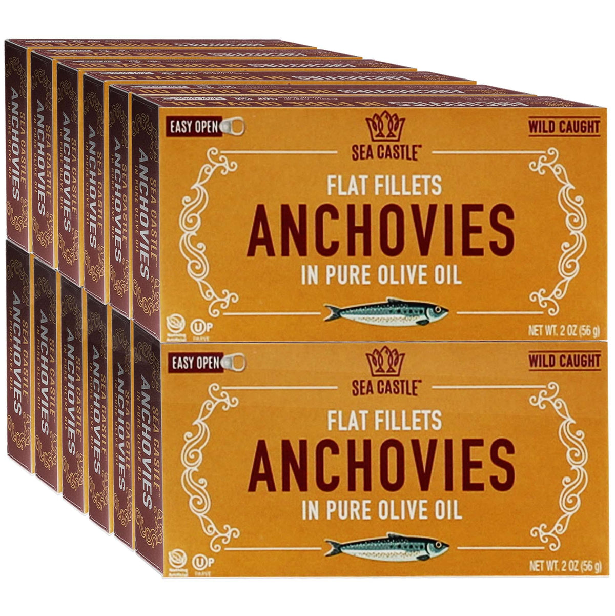 Sea Castle Anchovies in Pure Olive Oil – 2 oz Can (12 Pack), Wild Caught, Kosher