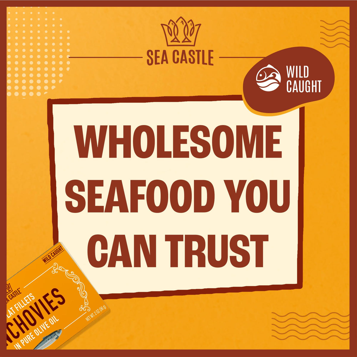 Sea Castle Anchovies in Pure Olive Oil – 2 oz Can (12 Pack), Wild Caught, Kosher