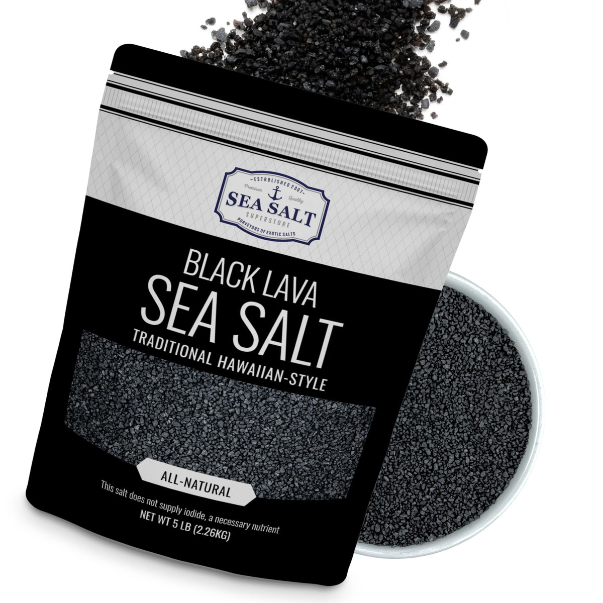 Sea Salt Superstore Black Lava Hawaiian Sea Salt Infused with Activated Charcoal – Mild Smoky Flavor, 5 lb