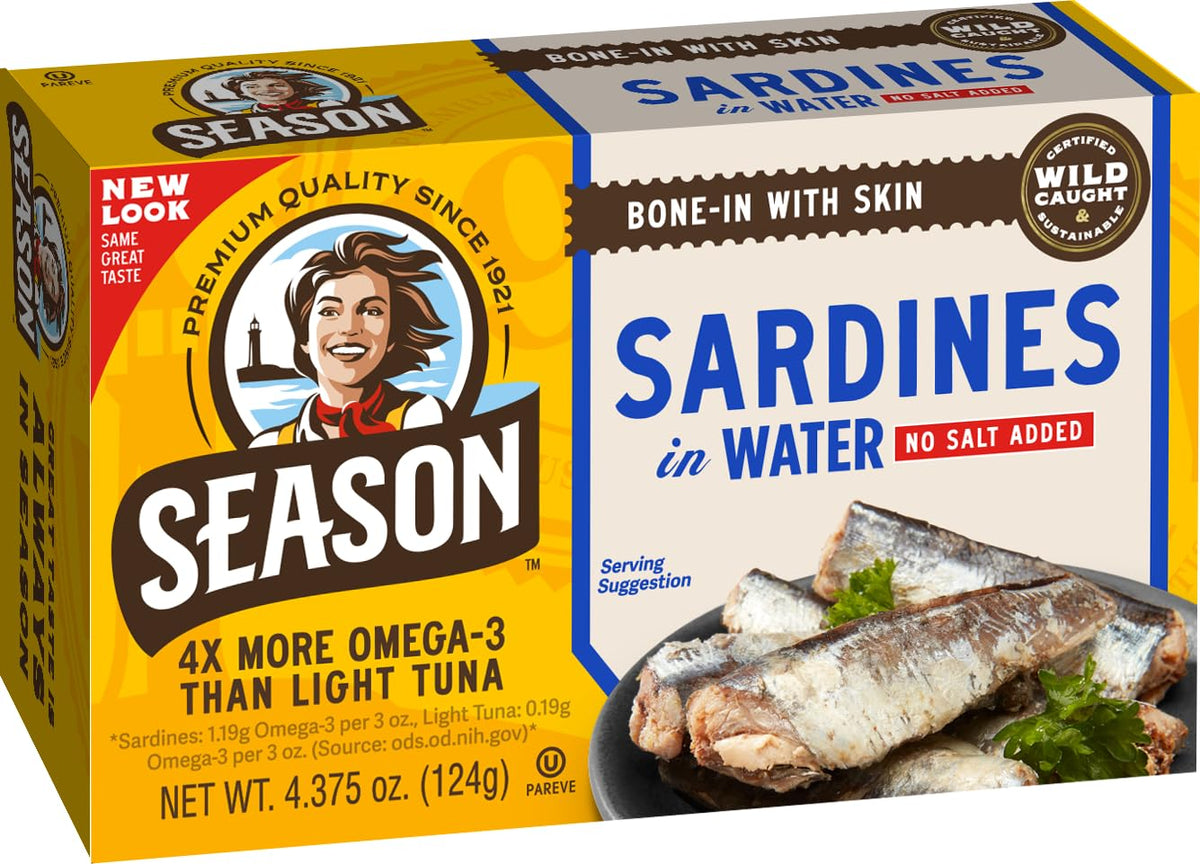 SEASON Sardines in Water - No Salt Added, Wild-Caught, 4.37 oz Tin (12-Pack)