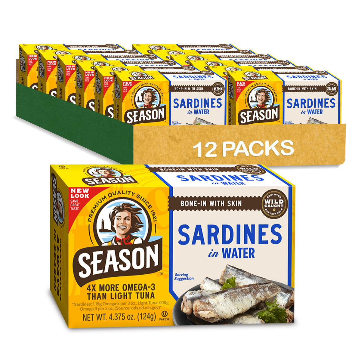Season Sardines in Water – Wild-Caught, 22g Protein, High Omega-3, Calcium-R-rich | 4.37 oz Cans, 12-Pack