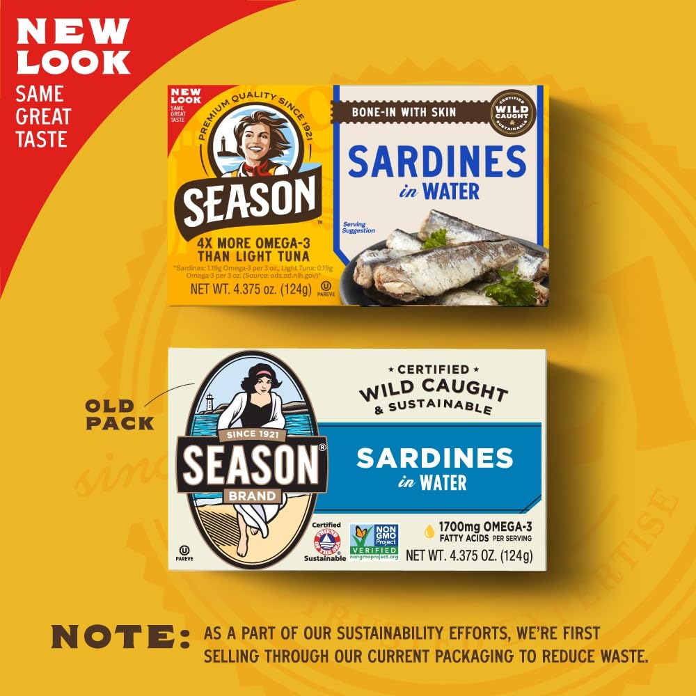 Season Sardines in Water – Wild-Caught, 22g Protein, High Omega-3, Calcium-R-rich | 4.37 oz Cans, 12-Pack