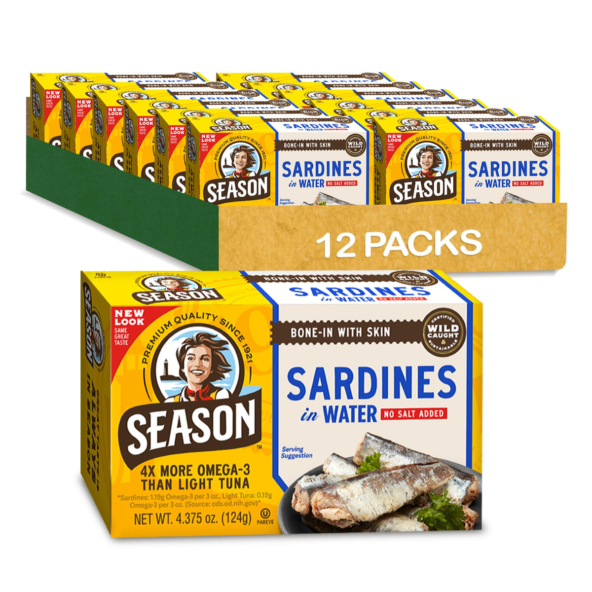 SEASON Sardines in Water - No Salt Added, Wild-Caught, 4.37 oz Tin (12-Pack)