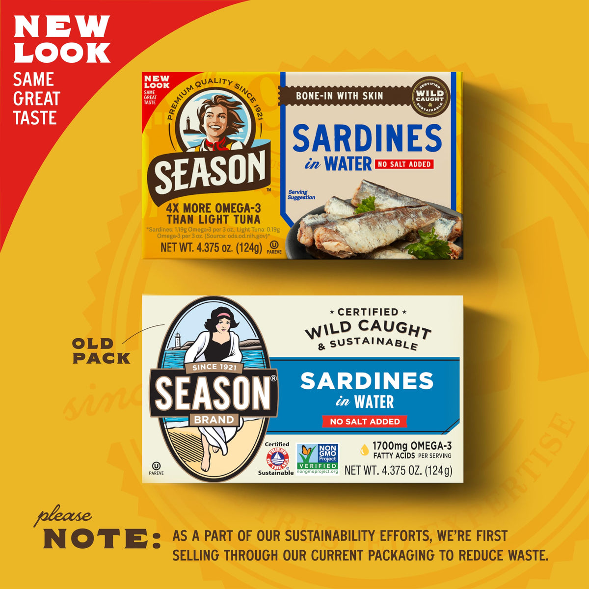 SEASON Sardines in Water - No Salt Added, Wild-Caught, 4.37 oz Tin (12-Pack)