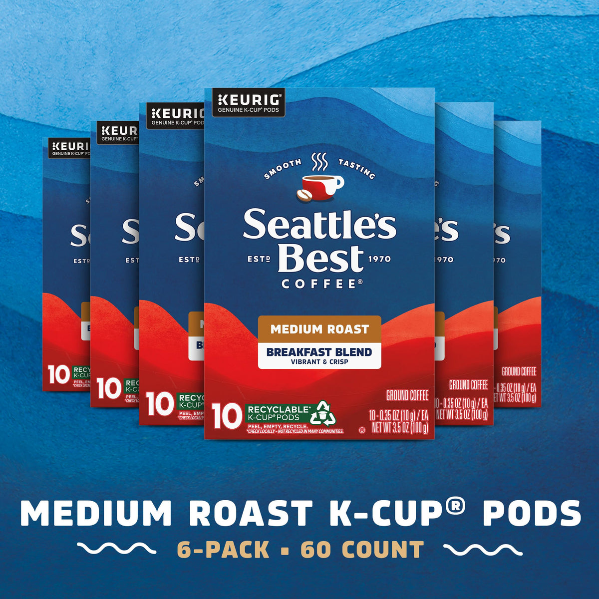 Seattle's Best Coffee Breakfast Blend K-Cups – Medium Roast, 100% Arabica, 60 Pods (6 Boxes)