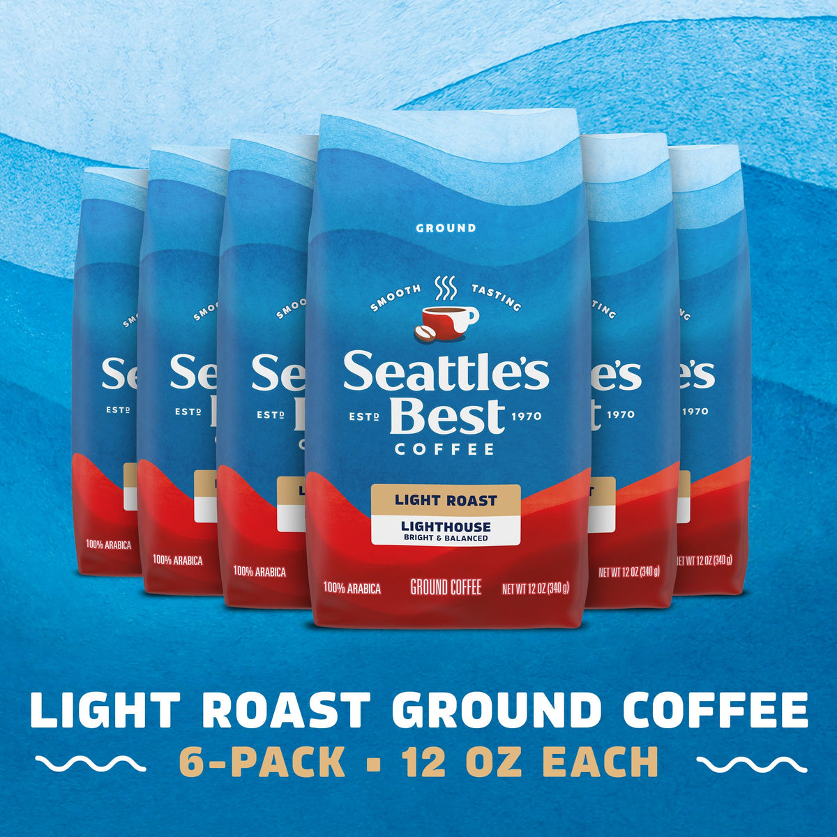 Seattle's Best Coffee Lighthouse Light Roast Ground Coffee — 6 Bags (12 oz Each), 100% Arabica