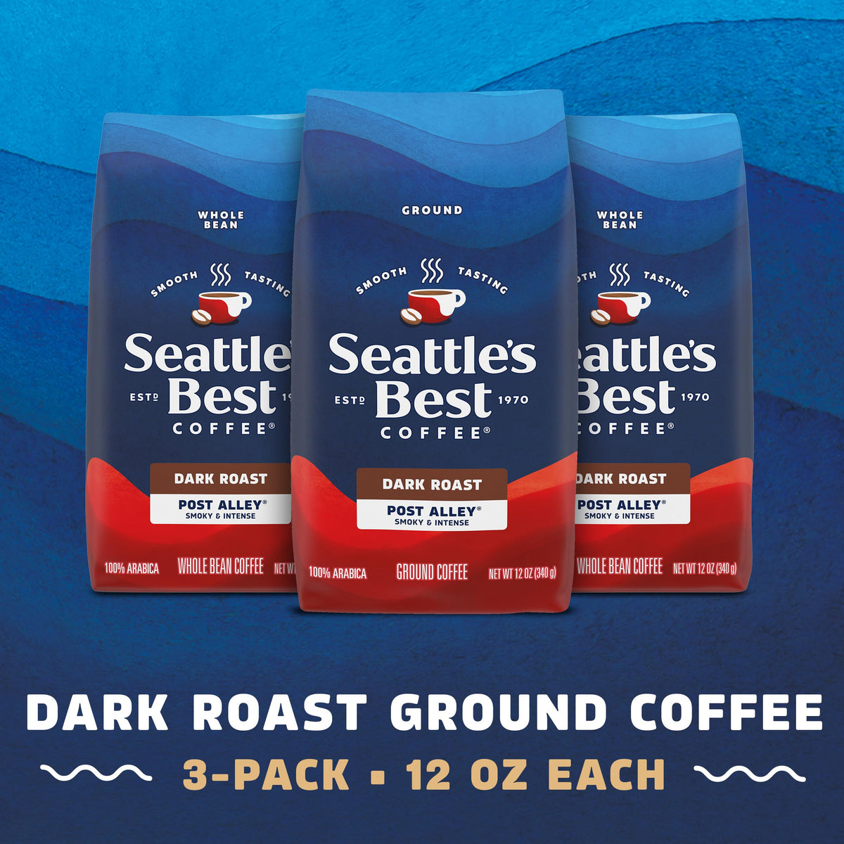 Seattle's Best Coffee Post Alley Dark Roast Ground Coffee - 3 Bags (12 oz Each) - 100% Arabica