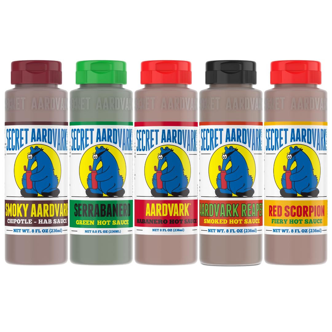 Secret Aardvark Hot Sauce Variety Pack – Smoky Chipotle, Reaper, Red Scorpion, Serrabanero & Habanero (8 oz, 5 Pack)