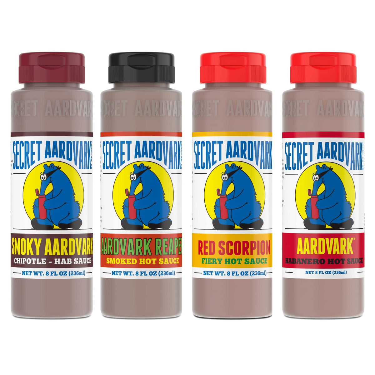 Secret Aardvark Hot Sauce Variety Pack - Smoky Chipotle, Reaper, Red Scorpion & Habanero (8 oz each) | Low Carb Gift Set
