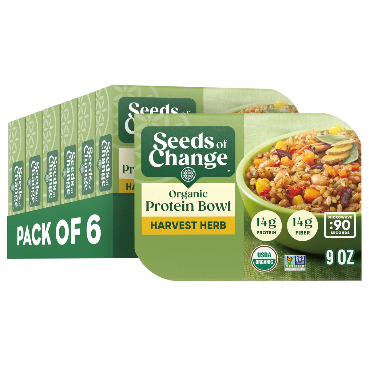 SEEDS OF CHANGE Organic High Protein Bowl Harvest Herb – 9 oz, Microwave Ready (Pack of 6)