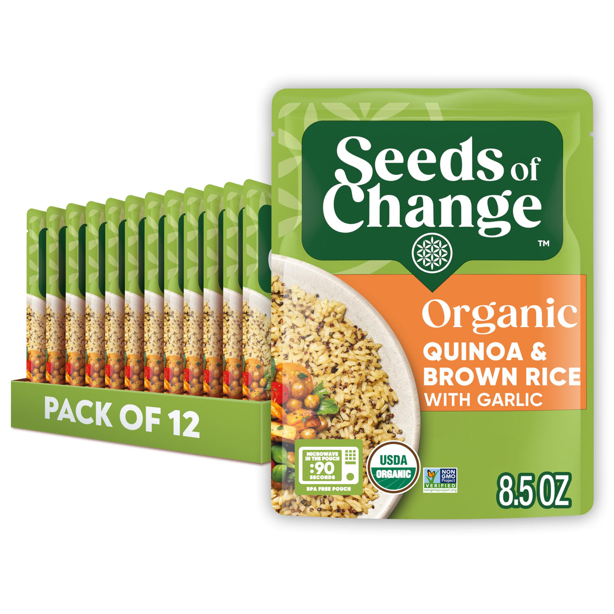 SEEDS OF CHANGE Organic Quinoa & Brown Rice with Garlic – 8.5 oz, Pack of 12