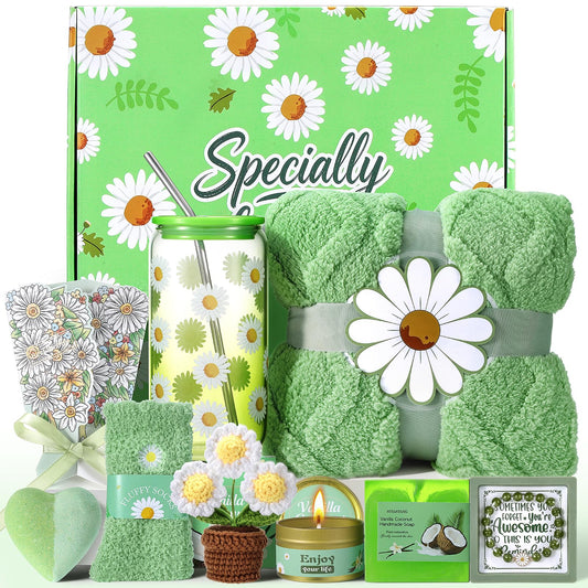 Self Care Gift Basket for Women with Blanket & Tumbler, Daisy Spa Gift Box