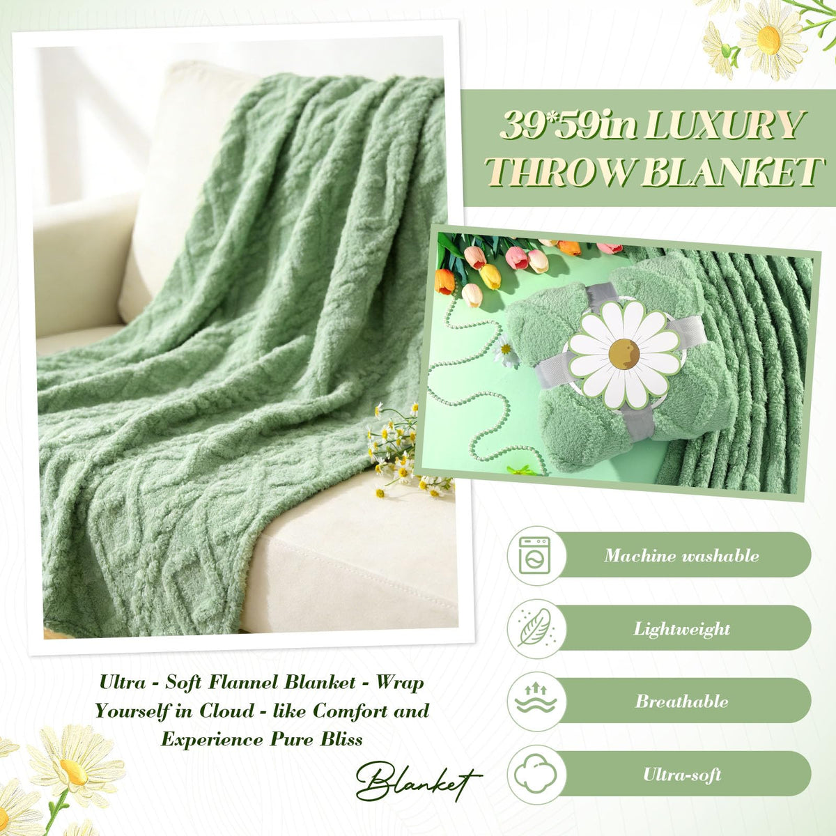 Self Care Gift Basket for Women with Blanket & Tumbler, Daisy Spa Gift Box