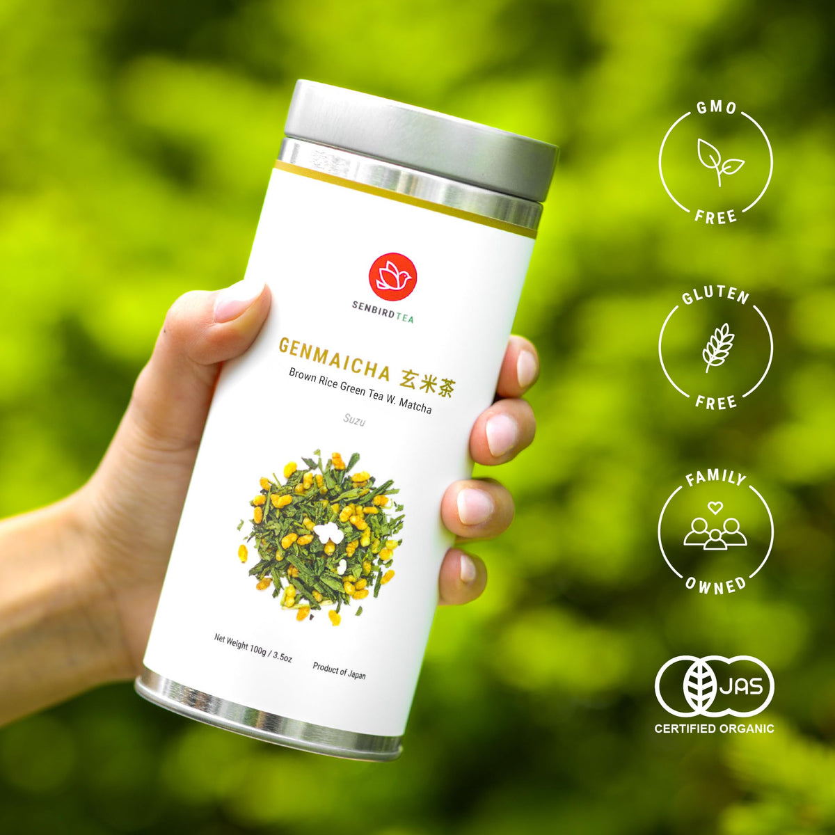 Senbird Premium Genmaicha with Matcha - Kyoto Japanese Green Tea in Airtight Tin (3.5oz/100g)