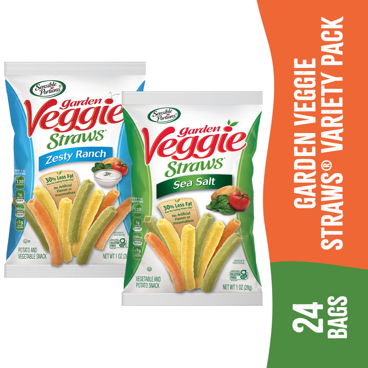 Sensible Portions Garden Veggie Snacks – Veggie Straws Variety Pack (Sea Salt & Zesty Ranch), 1 oz, 24-Pack