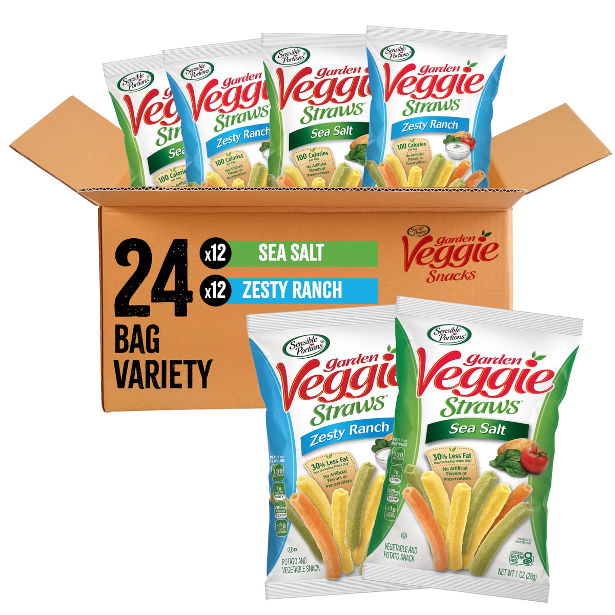 Sensible Portions Garden Veggie Snacks – Veggie Straws Variety Pack (Sea Salt & Zesty Ranch), 1 oz, 24-Pack