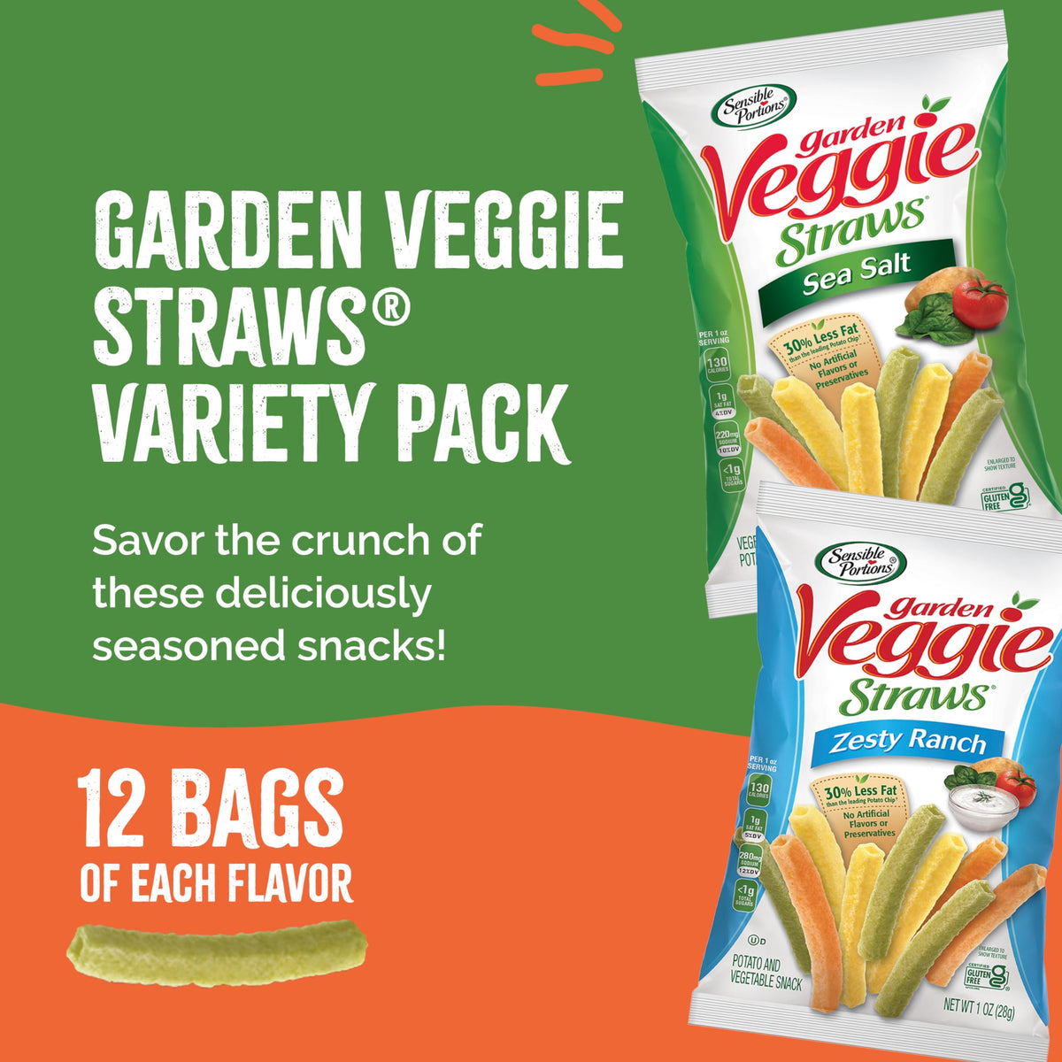 Sensible Portions Garden Veggie Snacks – Veggie Straws Variety Pack (Sea Salt & Zesty Ranch), 1 oz, 24-Pack