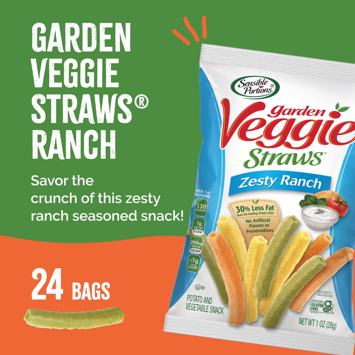 Sensible Portions Garden Veggie Snacks – Ranch Veggie Straws, 1 oz, Pack of 24