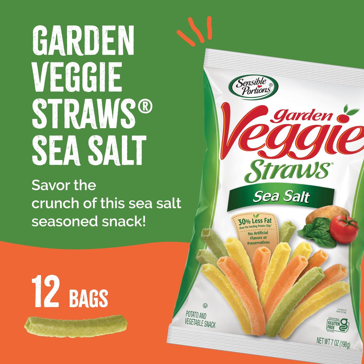 Sensible Portions Veggie Straws Sea Salt Flavor – Gluten-Free, 7 oz Bag, 12-Pack
