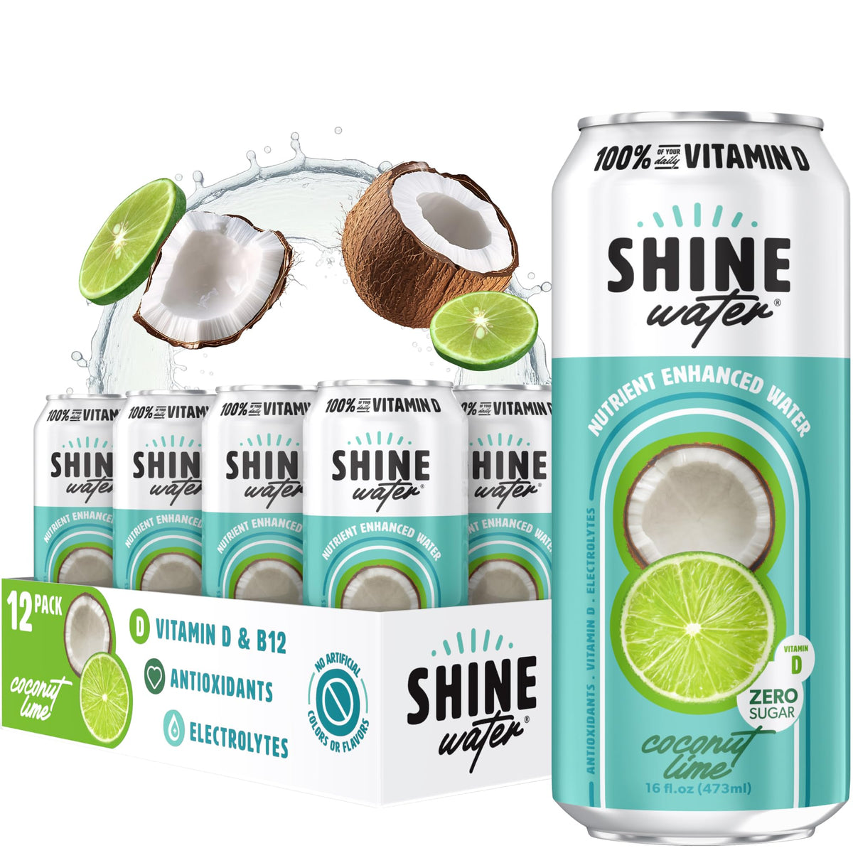 ShineWater Coconut Lime Vitamin D Electrolyte Drinks 12-Pack – Zero Sugar & Low Calorie Hydration